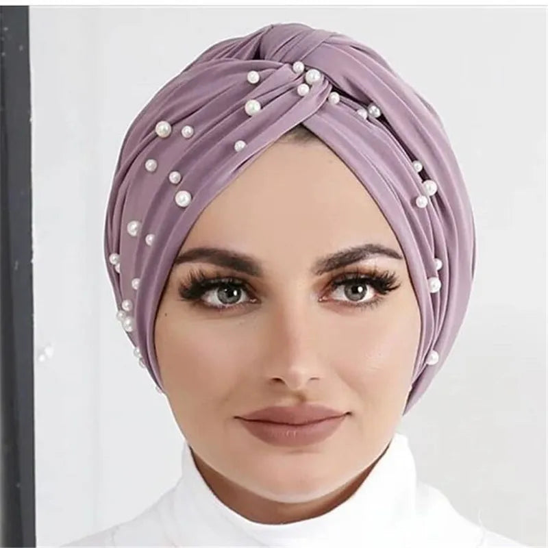 Bonnet Turban Femme Velours Perlé – Hijab Élastique Islamique