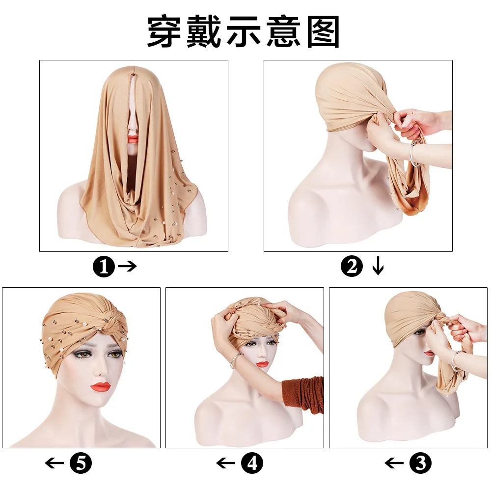 Bonnet Turban Femme Velours Perlé – Hijab Élastique Islamique