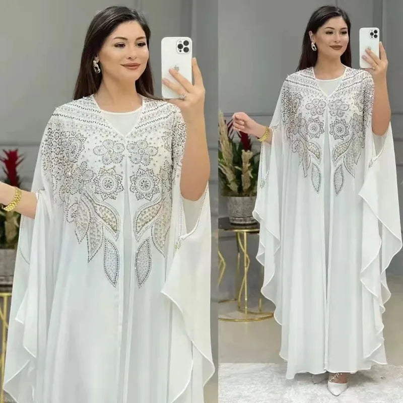 Ensemble 2 Pièces Abaya Femme Perlée Manches Chauve-Souris
