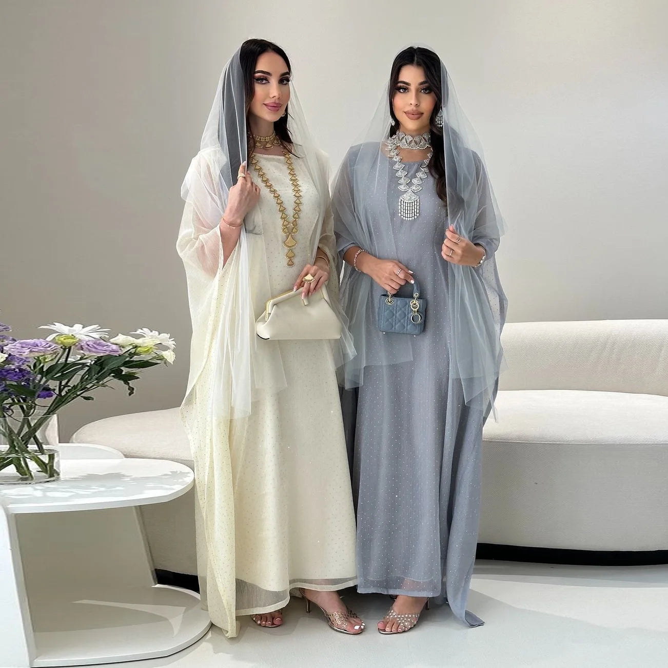 Abaya Ramadan Femme Manches Chauve-Souris Perlée