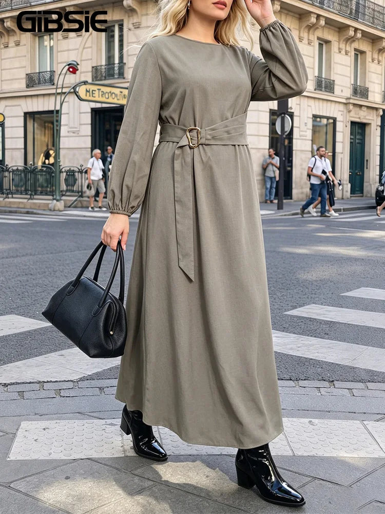 Robe longue manches longues ceinturée – Grande taille