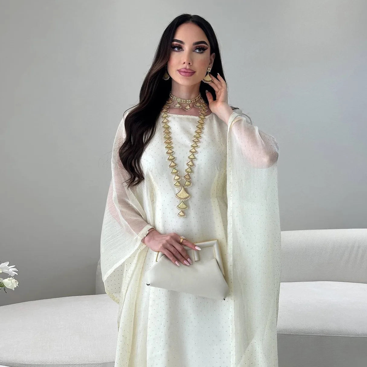Abaya Ramadan Femme Manches Chauve-Souris Perlée