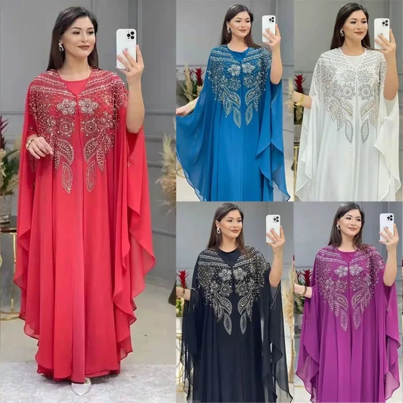 Ensemble 2 Pièces Abaya Femme Perlée Manches Chauve-Souris