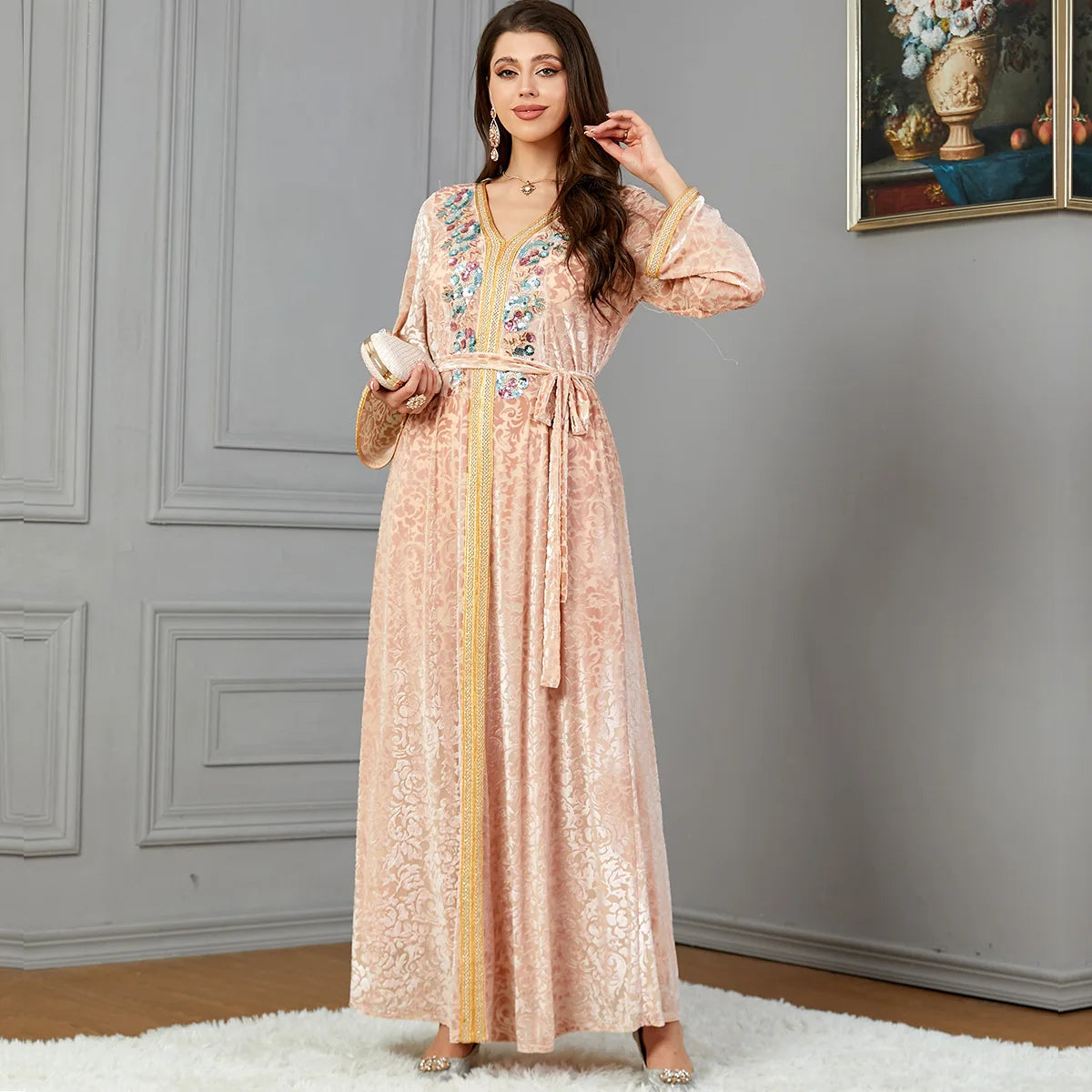 Abaya Femme Élégante Dentelle Brodée – Kaftan Marocain Soirée