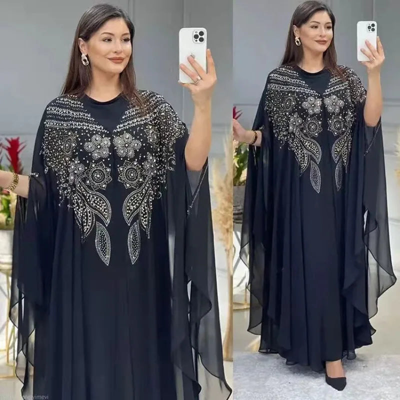 Ensemble 2 Pièces Abaya Femme Perlée Manches Chauve-Souris