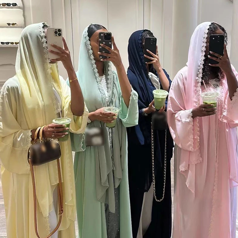 Ensemble abaya & hijab dentelle – Tenue Aïd