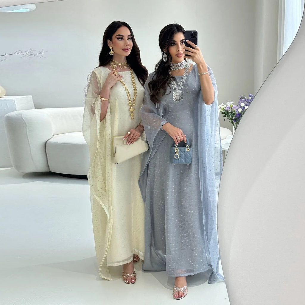 Abaya Ramadan Femme Manches Chauve-Souris Perlée