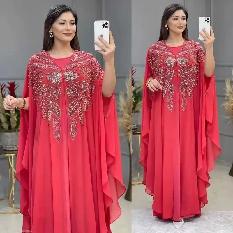 Ensemble 2 Pièces Abaya Femme Perlée Manches Chauve-Souris