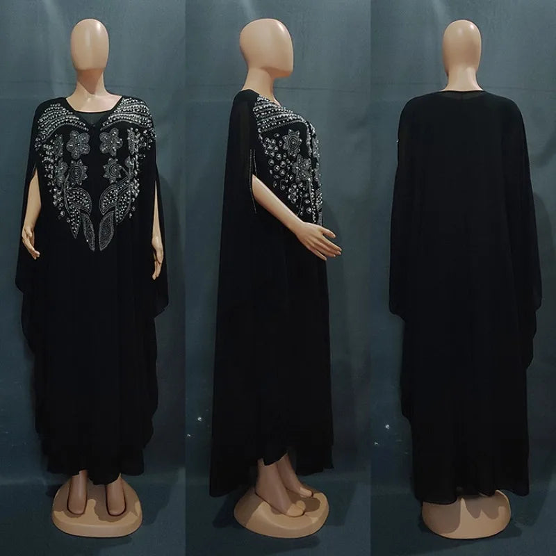 Ensemble 2 Pièces Abaya Femme Perlée Manches Chauve-Souris