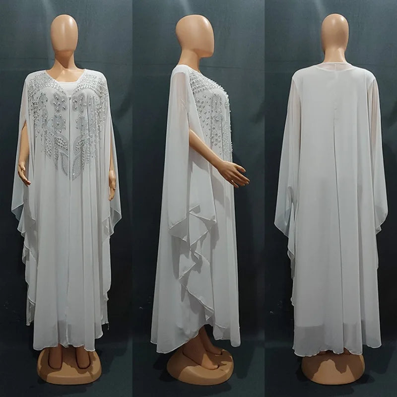 Ensemble 2 Pièces Abaya Femme Perlée Manches Chauve-Souris