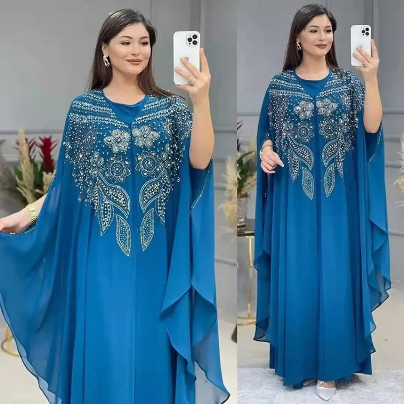 Ensemble 2 Pièces Abaya Femme Perlée Manches Chauve-Souris