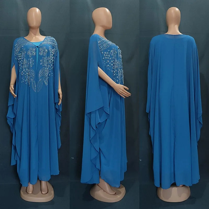 Ensemble 2 Pièces Abaya Femme Perlée Manches Chauve-Souris