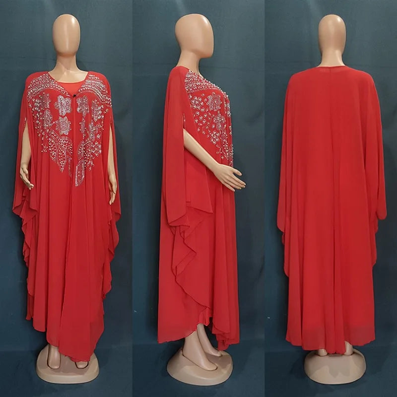 Ensemble 2 Pièces Abaya Femme Perlée Manches Chauve-Souris