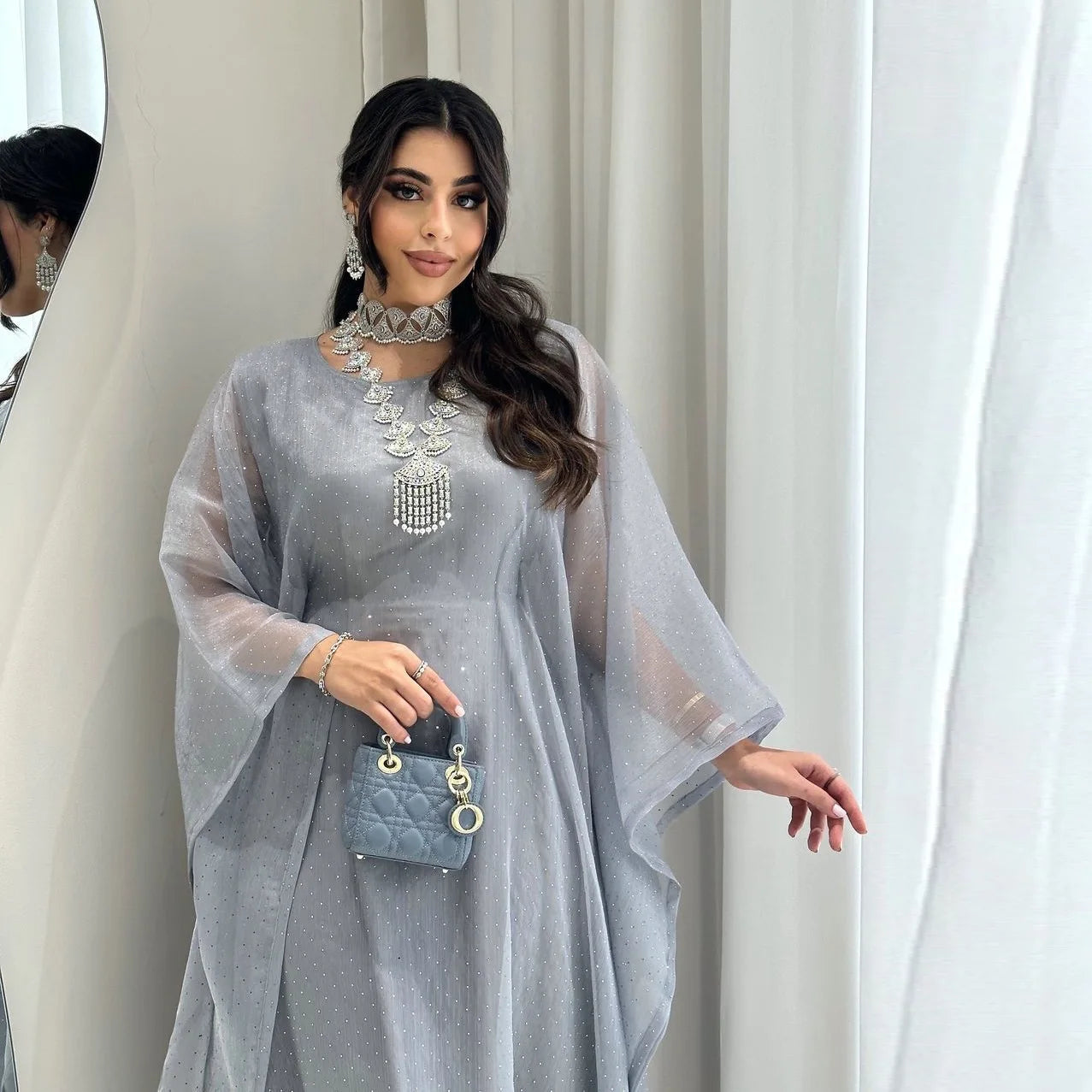 Abaya Ramadan Femme Manches Chauve-Souris Perlée