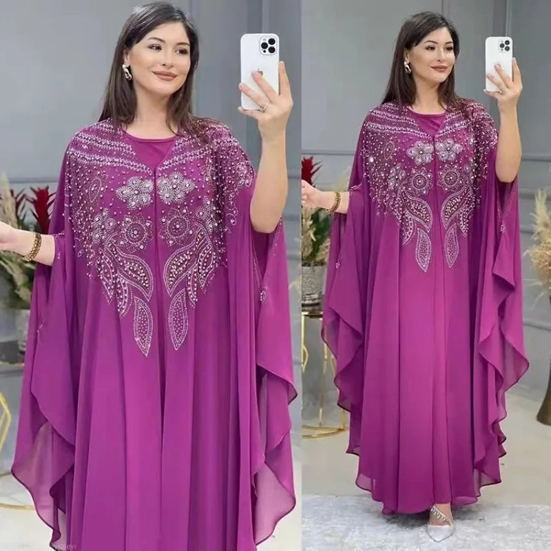 Ensemble 2 Pièces Abaya Femme Perlée Manches Chauve-Souris